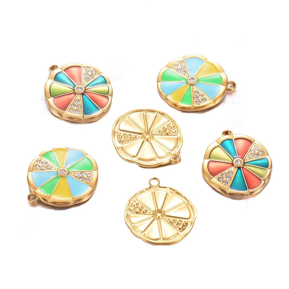 5Pcs/lot Rhinestone Round Charm Stainless Steel Colorful Enemal Circle Pendant for DIY Necklace Making Supplies Wholesale