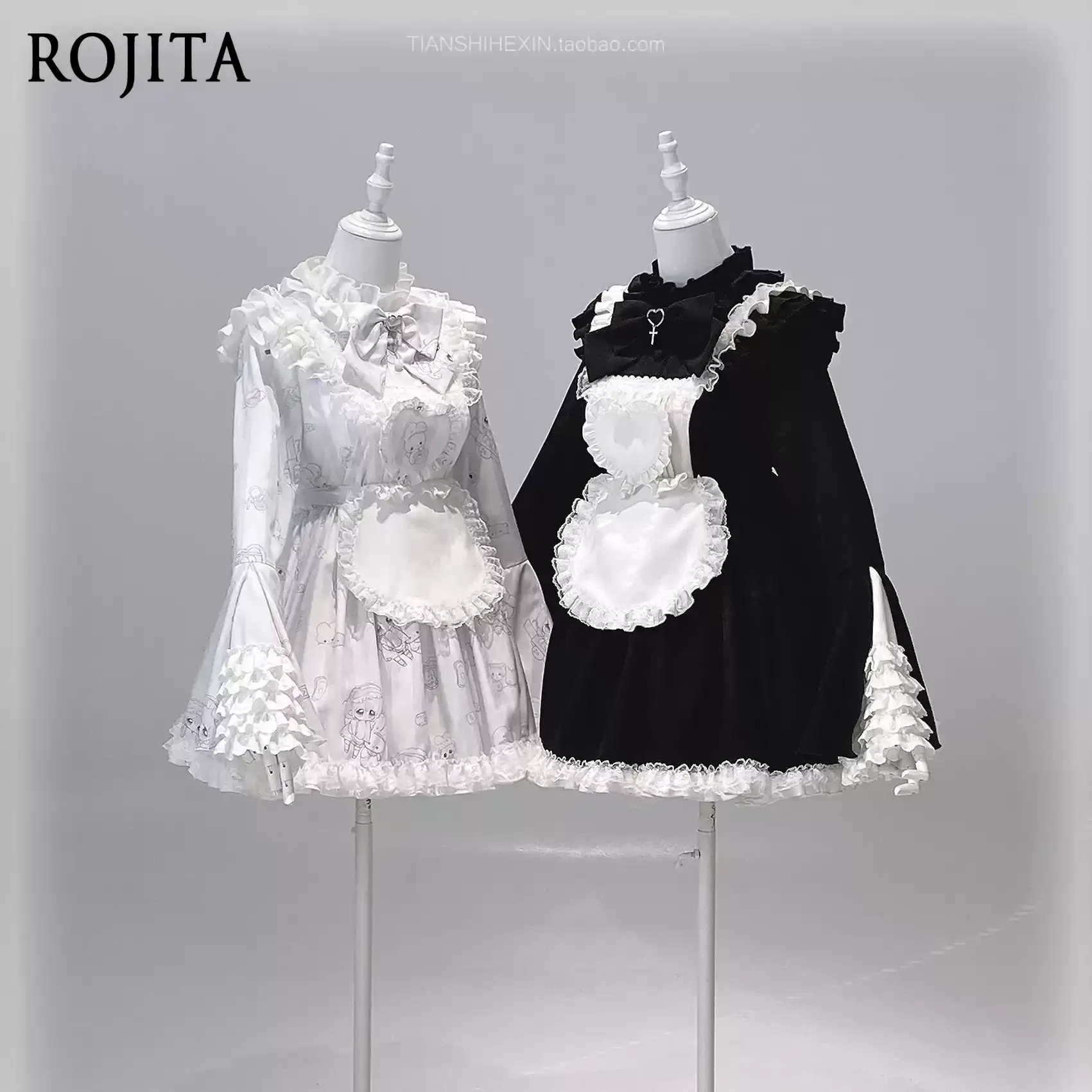 Japanese Cute Cartoon Printed Bow Lace Pleated Stand Up Collar Horn Long Sleeved Fake Two Pieces Lolita Dress Shorts Suit Women