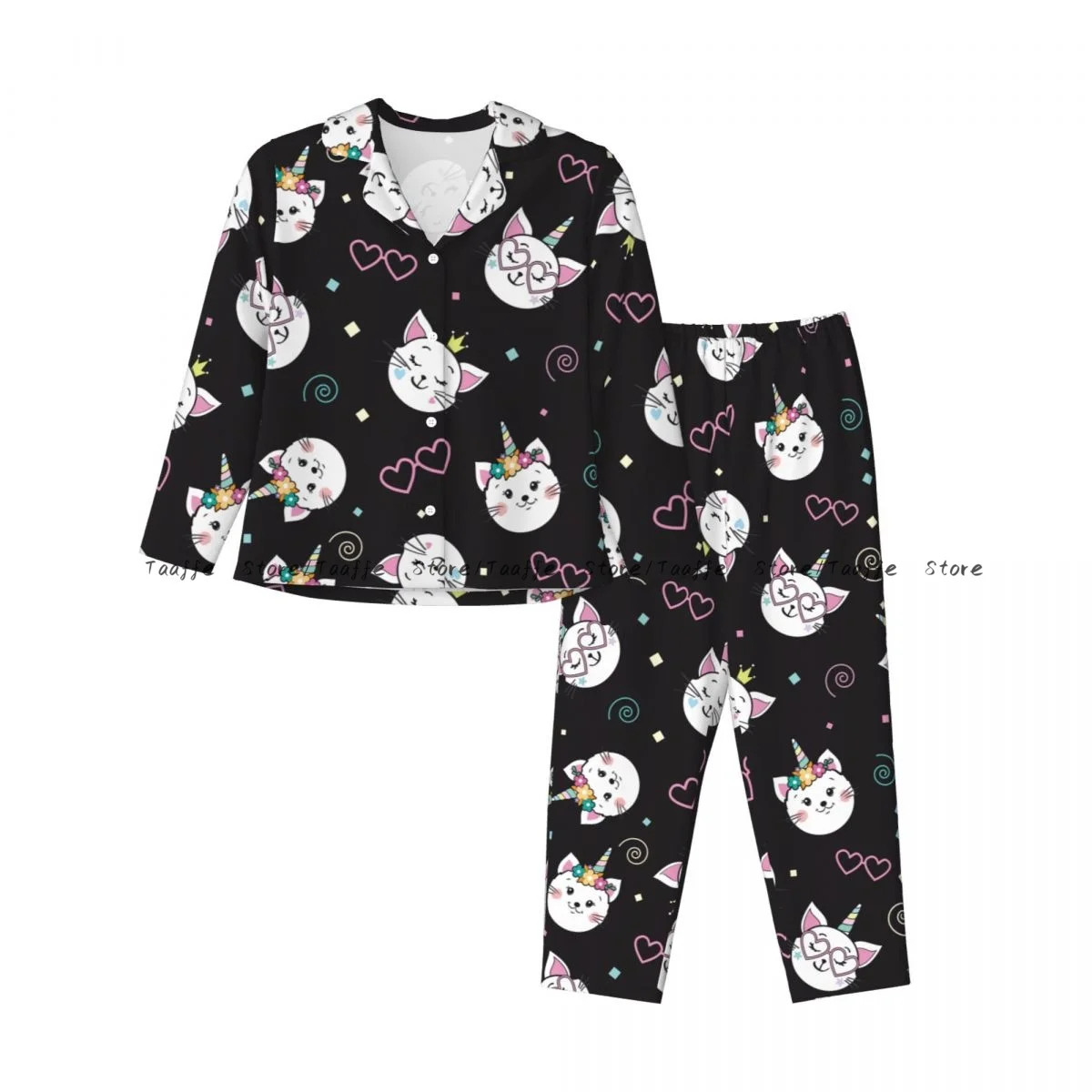 Cute Funny Cat Unicorn Womens Pajamas Loungewear Two-piece Sleepwear Button-Down Full Sleeve Long Pajamas Set