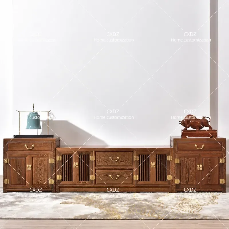 New Chinese Style Solid Wood TV Cabinet Living Room Audio Visual Console Floor Standing Low Storage Unit for Small Apartment