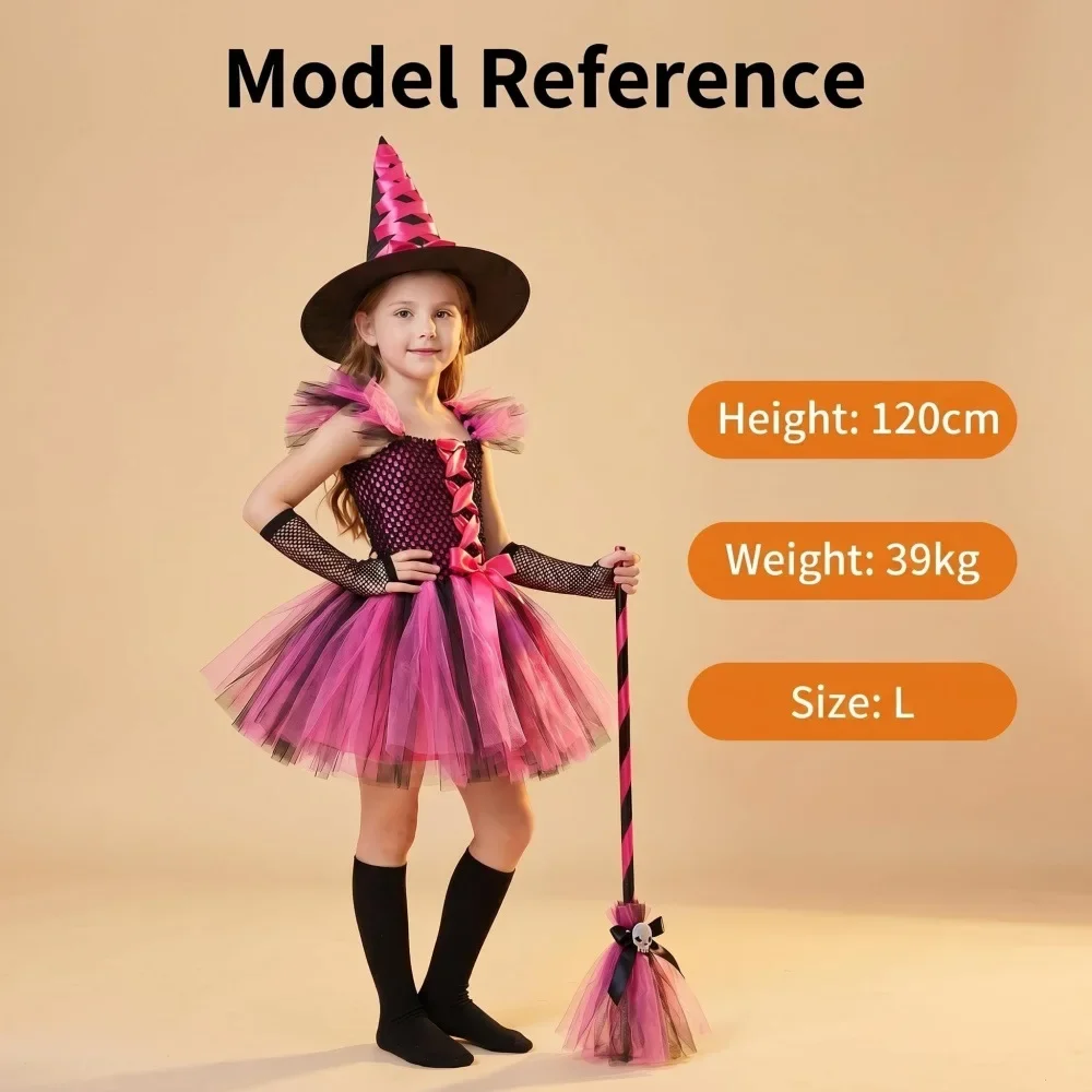 Halloween Mädchen Rosa-Schwarzes Hexen-Tutu-Kleid-Set mit Hut, Handschuhen, Socken, Besen Kinder Kostüm Cosplay Partykleidung – Detail 5