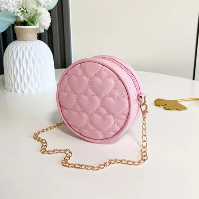 Kids Small Round Bag Cute Love Heart Pattern Sewing Thread Chain Crossbody Bag Fashion PU Girls Mini Messenger Bag Coin Purse