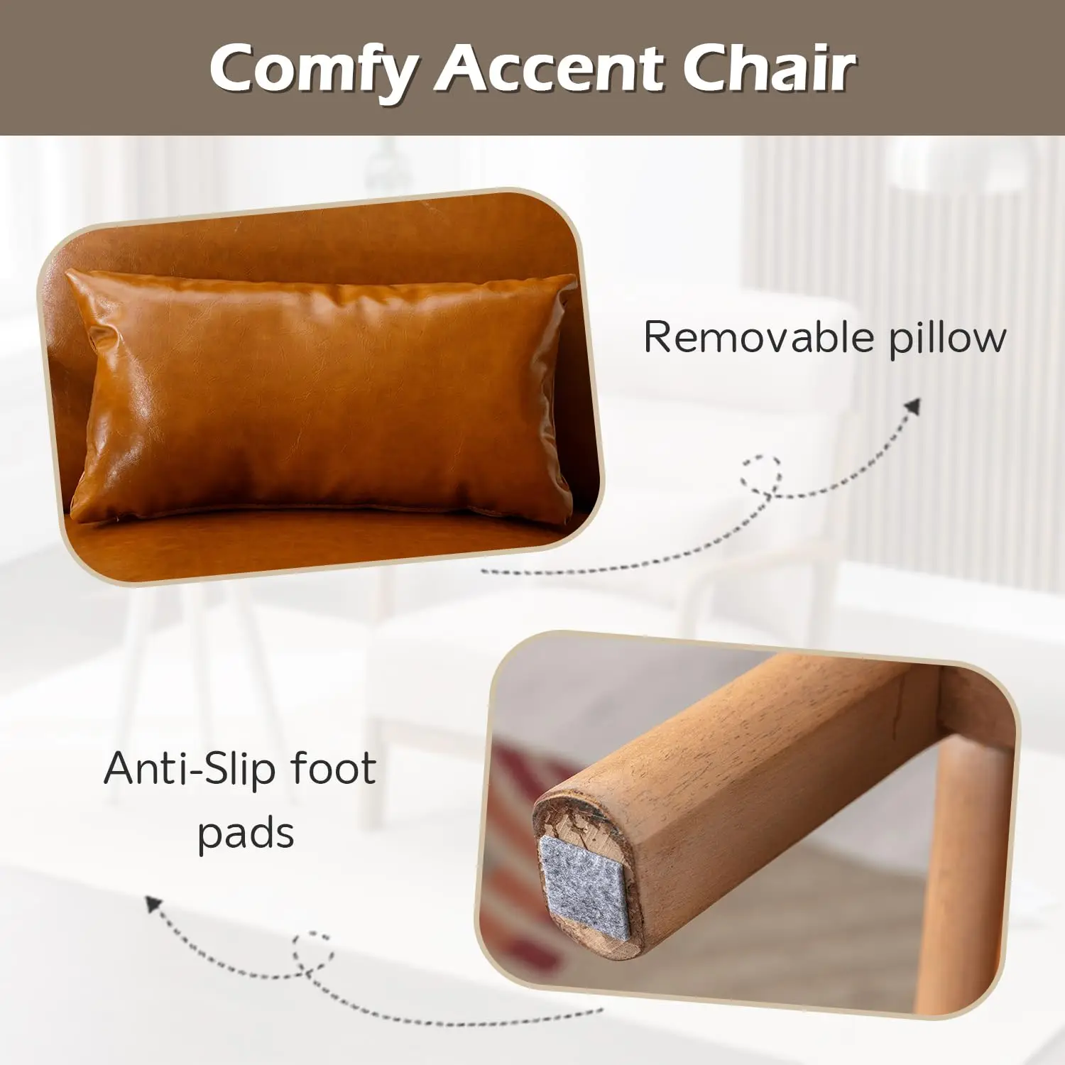 Mid Century Accent Chair, High Back PU Leather Armchair with Waist Cushion, Wood Frame  Chair, Camel, Customized