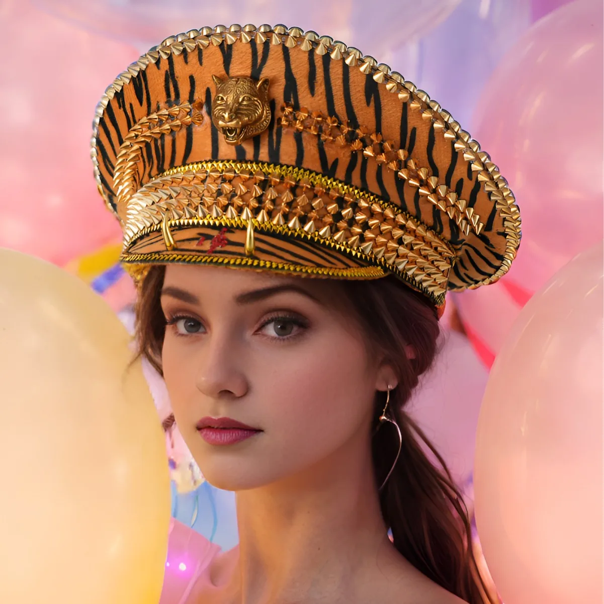 

Новинка 2023 года, женские сценические шляпы с леопардовым принтом, металлические заклепки, дизайн головы тигра, ролевая кепка для выступлений, вечерние девушки