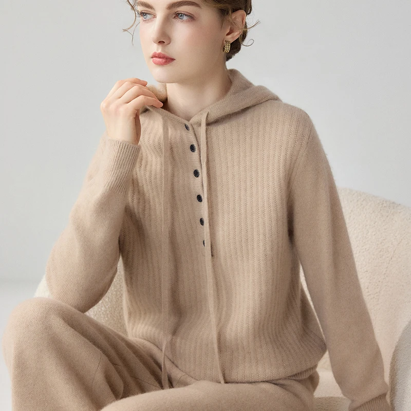 High Quality Women's 100% Cashmere Sweater Buttons Hooded Pullover Shirt Autumn Winter Casual Thick Cashmere Knitwear Tops