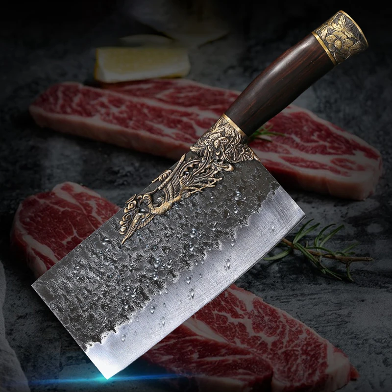 

8 Inch Chopper Knife Copper Decor Ebony Handle High Manganese Steel Sharp Chef Cleaver Longquan Kitchen Knife Bone Poultry Tools