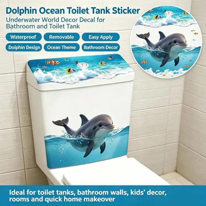 Cute Dolphin Toilet Tank Sticker Ocean Wave Vinyl Decal Bathroom Decor Adhesive Home Decoration Accessory