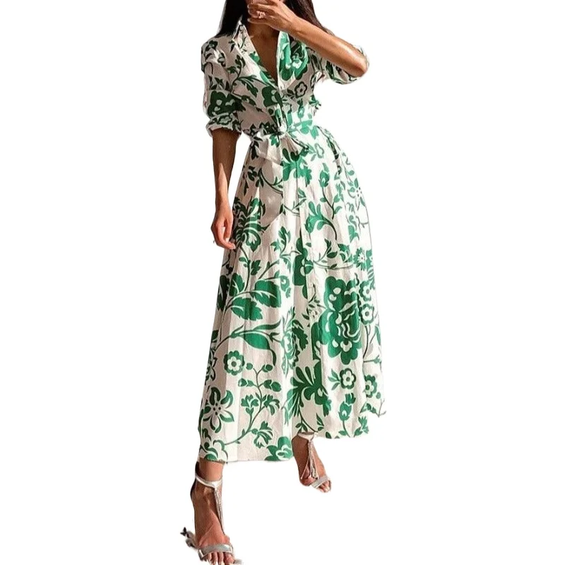 Autumn New Button Down Shirt Dress Long Sleeved Floral Print Beach Skirt