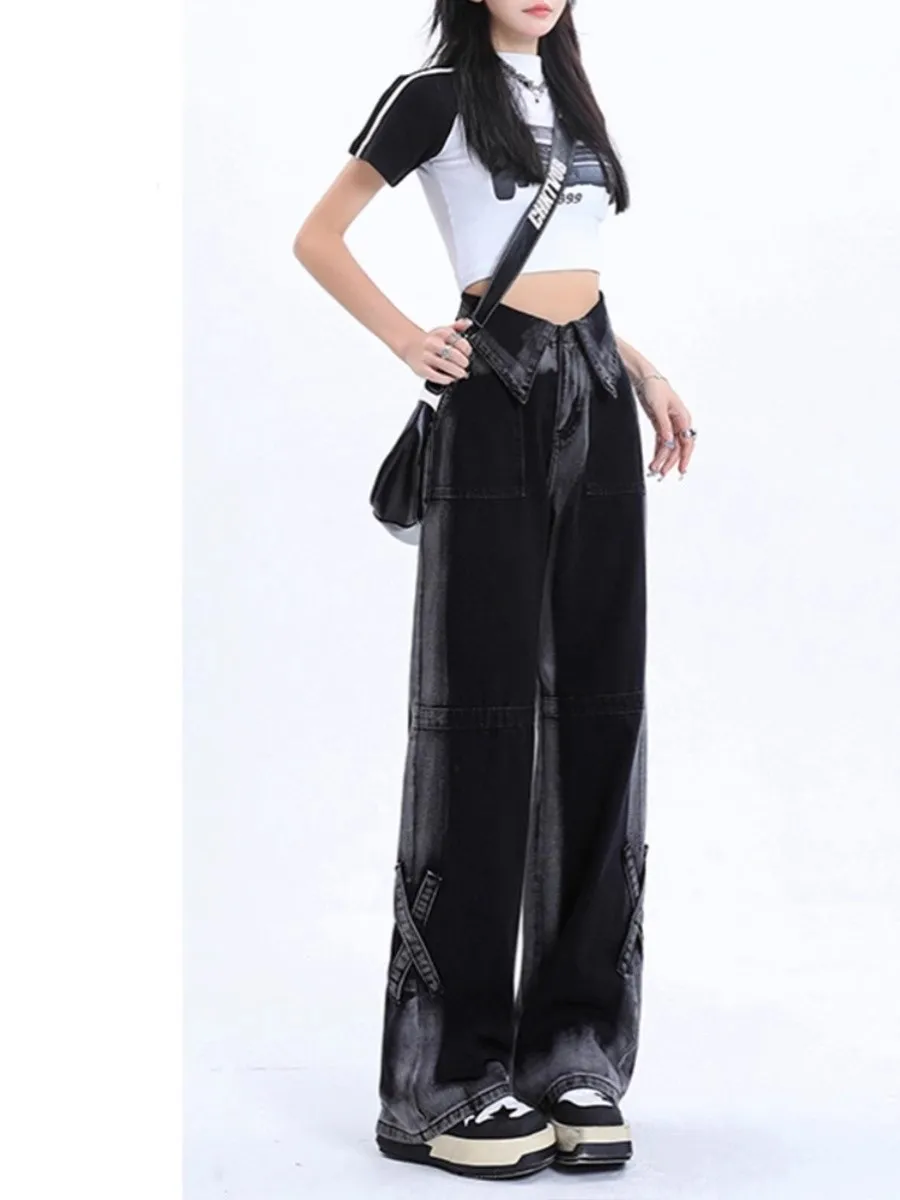 

High Waist Wide Leg Fleece Lined Straight Cut Loose Drapey Floor Length Women's Jeans Casual Style Autumn Winter plus Size