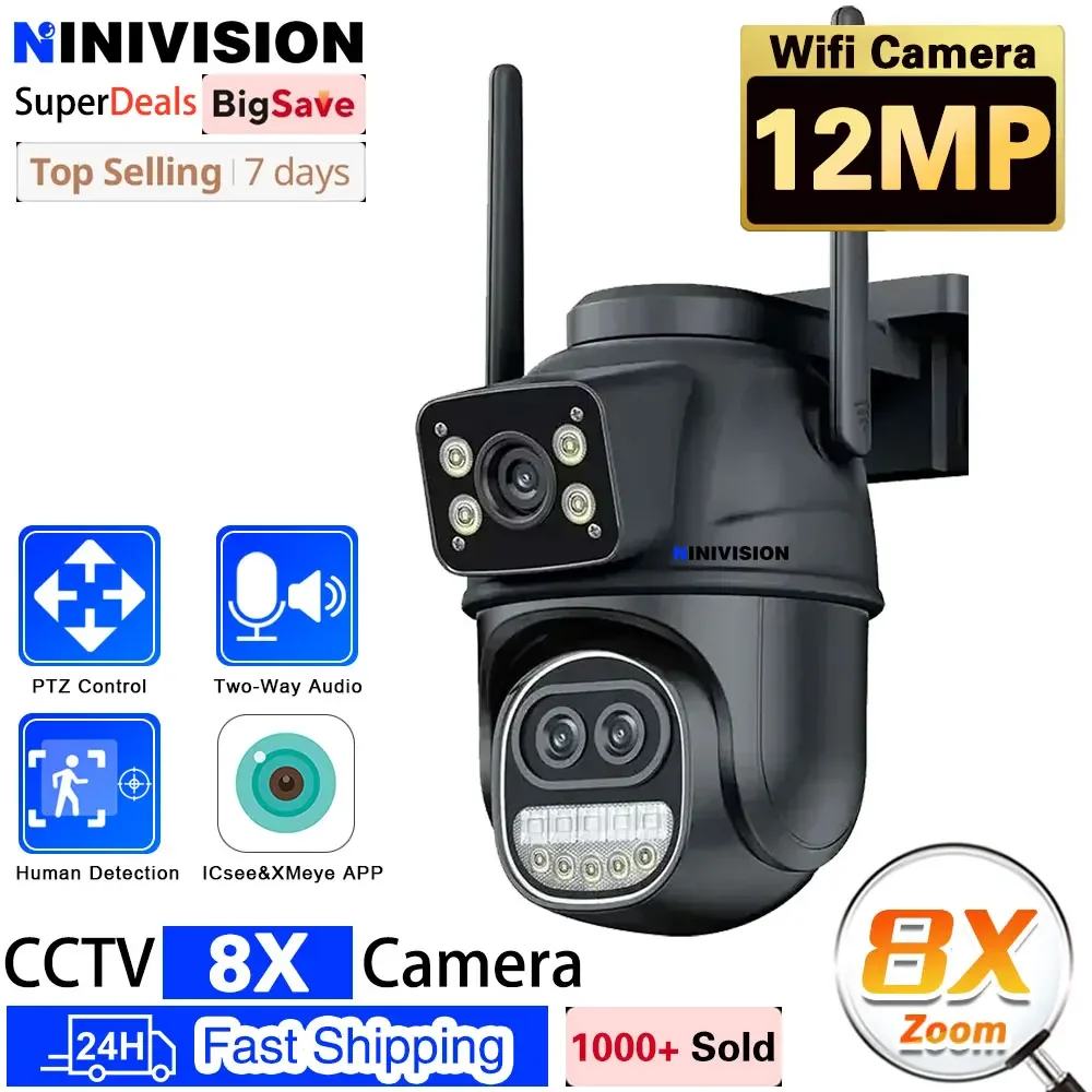 

12MP 6K Outdoor WIFI Camera 8X Zoom Three Lens Dual Screens PTZ Video Cameras Auto Tracking Home Security CCTV Surveillance Cam