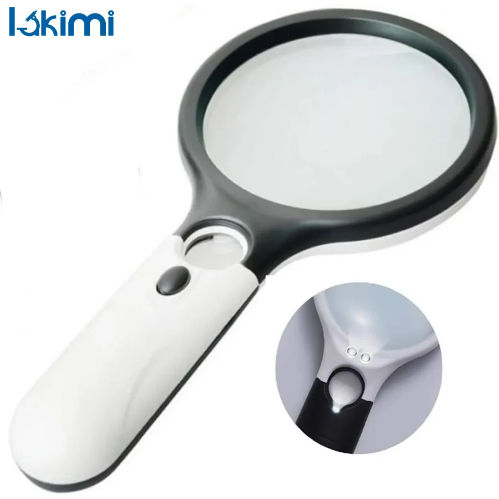 45X Handheld Magnifying Glass, White - 3 LED Lights for Reading and Jewelry Loupe LA-AA43