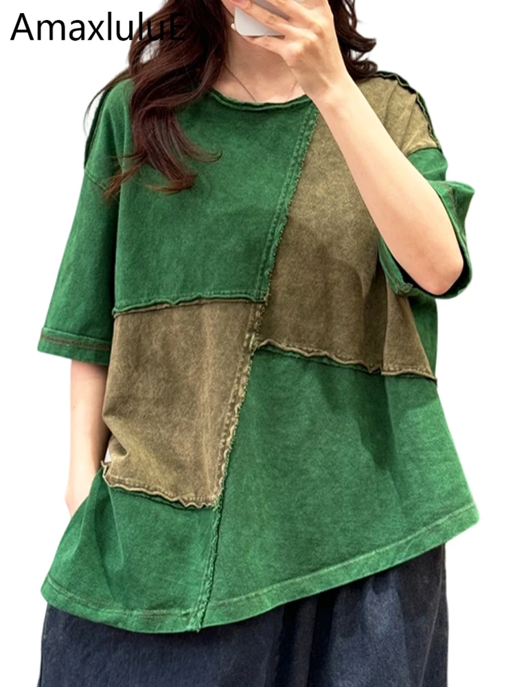 Amax LuluE 2026 Sommer Vintage Loose T-Shirts für Damen im koreanischen Design, klassische O-Neck-Oberteile, modische lässige Patchwork-Kleidung für Damen