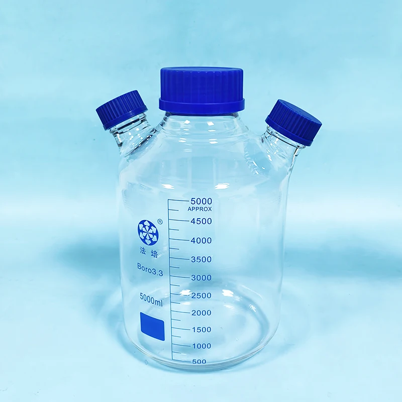 FAPE Reagent bottle, 3 blue screw covers, Mid GLS80mm, Side GL45mm, Borosilicate glass, Graduation Sample Vials Plastic Lid