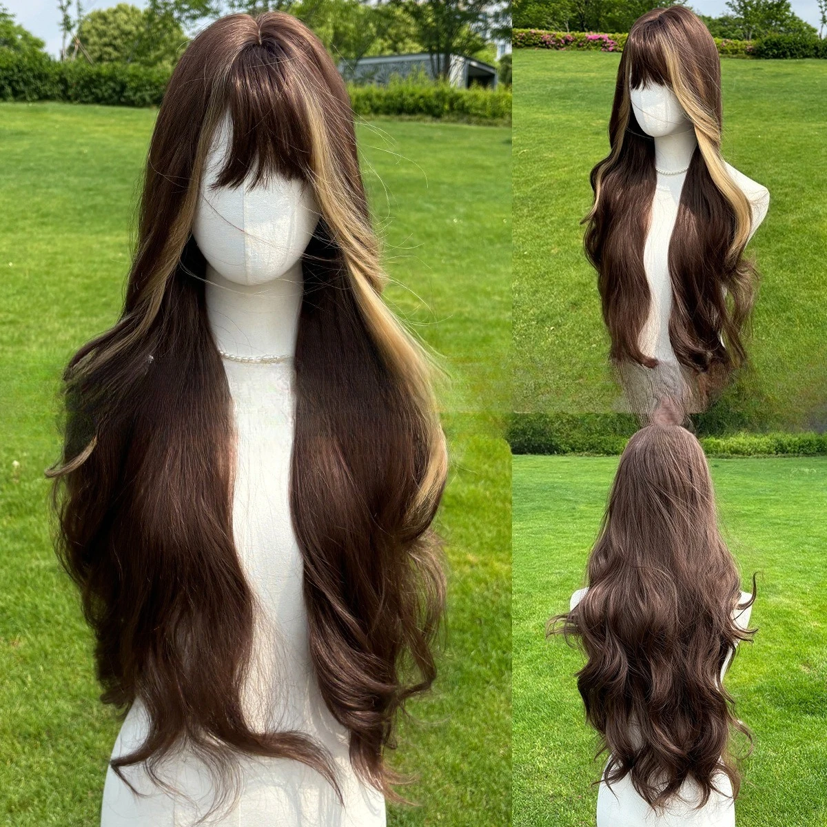 

European and American wigs, women's fashion and fashion, false headgear, wool roll, brown long curly hair