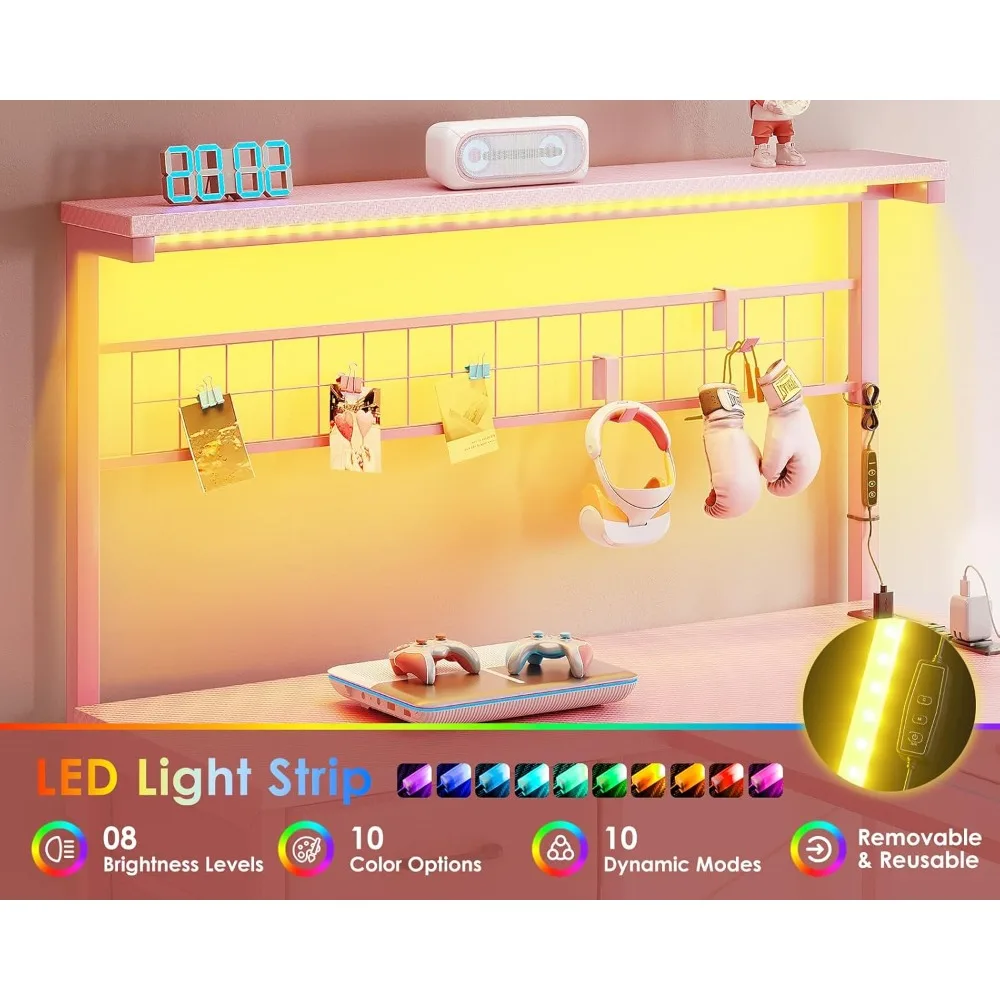 L Shaped Gaming Desk with Drawers & LED Light & Power Outlet, 43" Reversible Computer Table with Shelves & Hooks for Home Offic