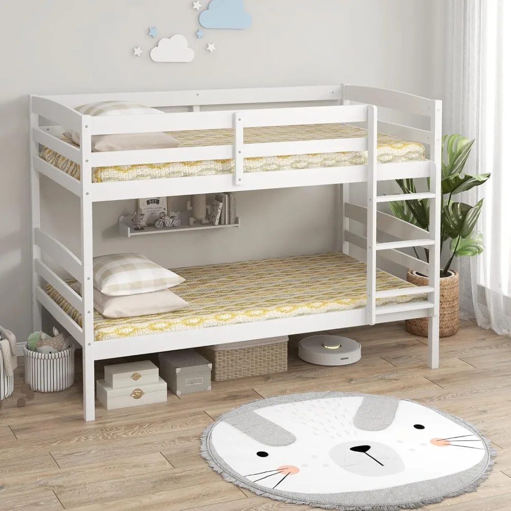 Bunk Bed Twin Over Twin, Solid Wood Detachable Bed Frame with High Guardrails & Integrated Ladder, Wooden Slatted Bunk Bed