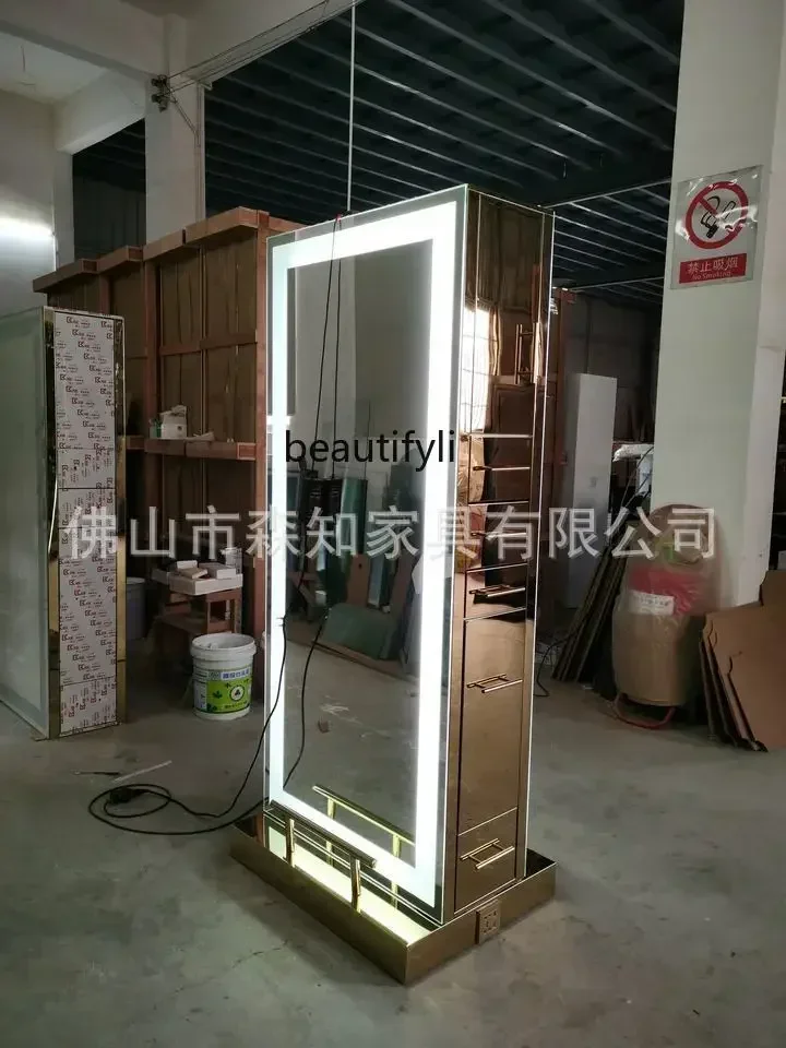 lt Barber shop mirror LED light full body mirror blond hair, stainless steel mirror table