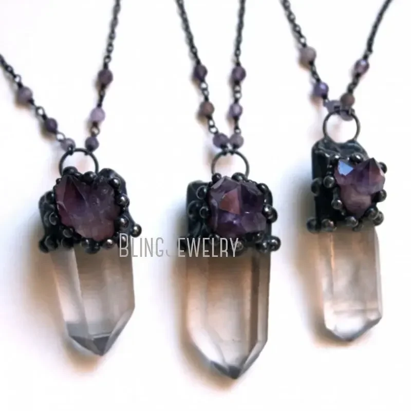 

10pcs Clear Quartz Crystal Amethyst Cluster Necklace Purple Goth Halloween Stainless Steel Chain Wicca Boho Y2k Jewelry