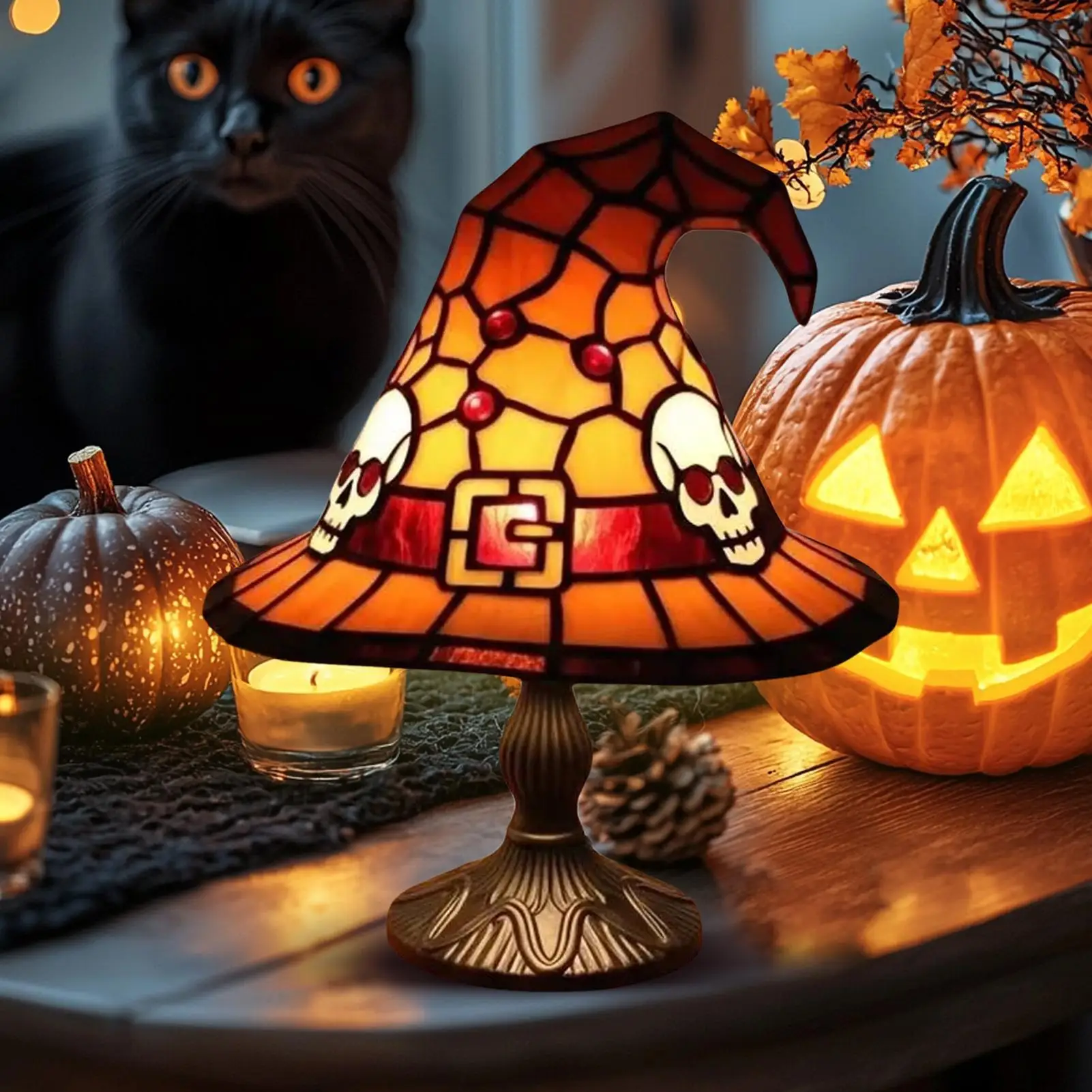 Witch Hat Table Lamp Handmade Colorful Resin Lighted Decoration Halloween Table Lamp for Living Room Bedroom Kitchen Dining