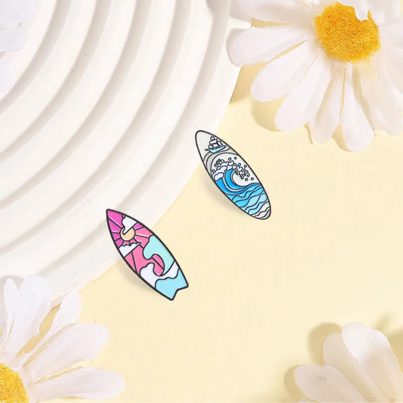 Cartoon Ocean Sunset Surfboard Enamel Pin Romantic Summer Beach Ocean Wave Sunset Sky Surfboard Brooch Bag Lapel Badge Jewelry