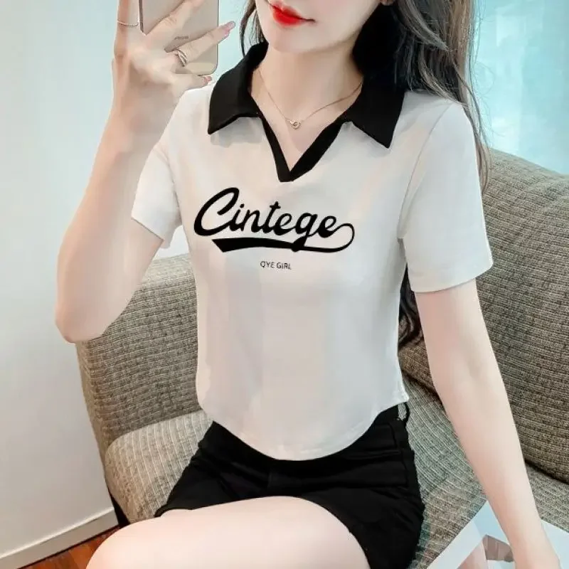 

Summer Pullover Women's Clothing Short Sleeve Polo Tee Turn-down Collar Vintage Letter Printed Casual Fashion Sexy Crop Tops