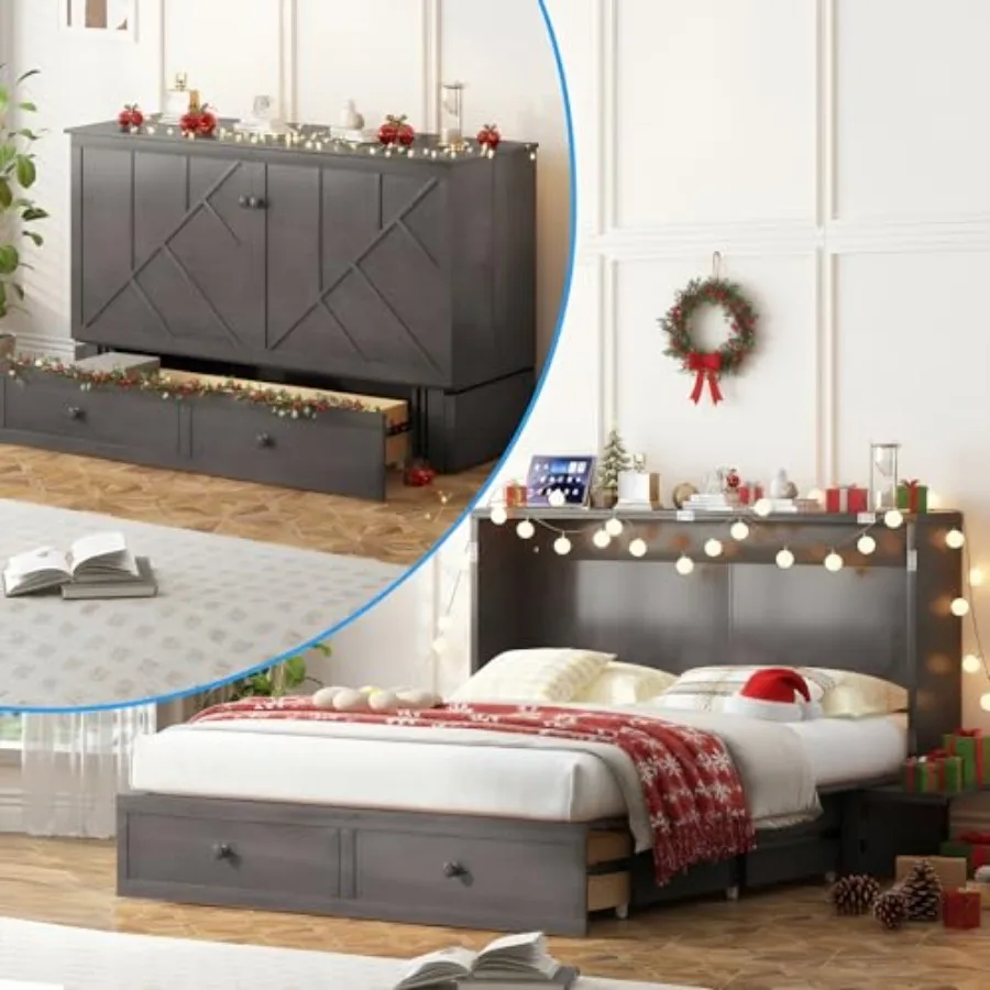 

Murphy Bed Queen - Solid Wood Hideaway Cabinet Bed with 2 Storage Drawers, USB Charging Ports and Headboard - Space-Saving Ches