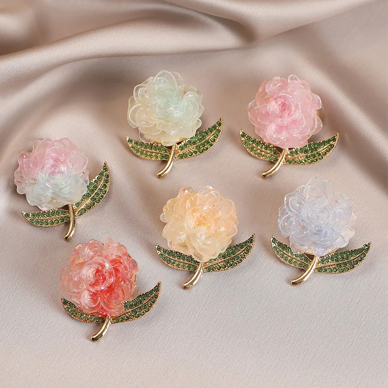 Colorful peony flower brooch, metal leaf base, delicate chest flower, high-end clothes, bags, brooch wholesale