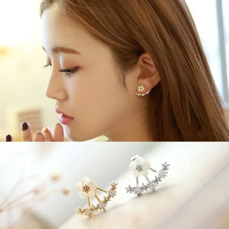 Women's Flower Earrings Zircon Ear Jacket Korean Style Copper Ear Studs Earrings Orecchini Jewelry Pendientes Aretes De Mujer