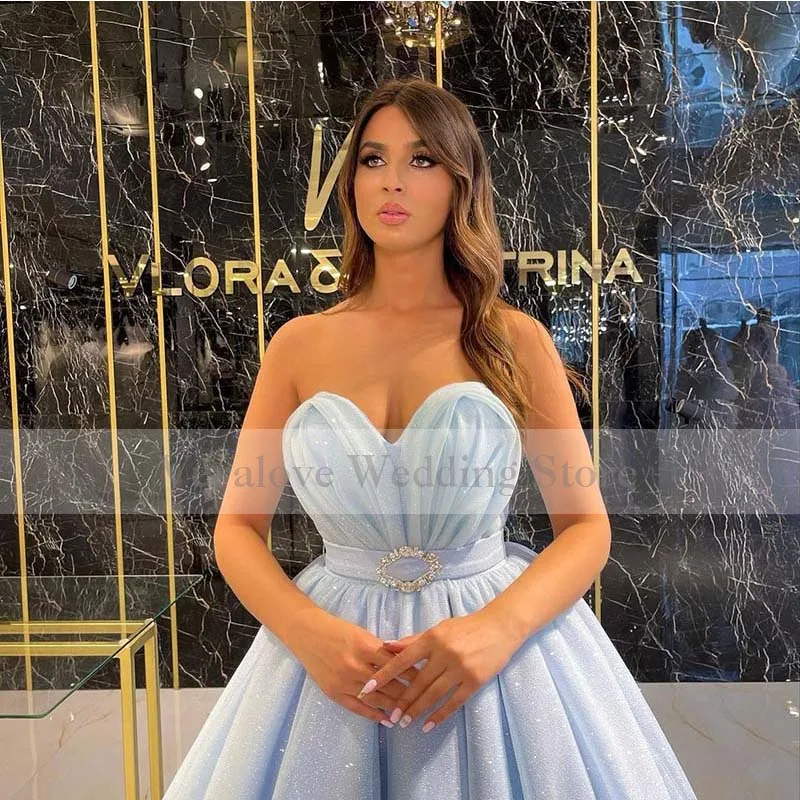 Customized Sweetheart Prom Dress Light Sky Blue Arabic Evening Dress 2021 Sequins Sparkly Prom Wear Robe De Soiree