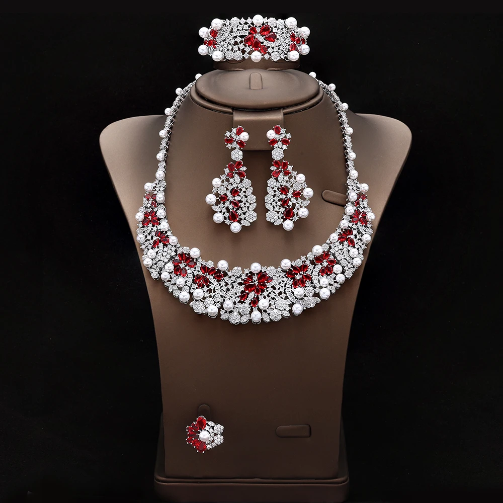 

HIBRIDE 2025 Beautiful Light Luxury Red Pearl Set Necklace Earrings Bracelet Women's Decorative Jewelry Wedding Ball Gift S-1046