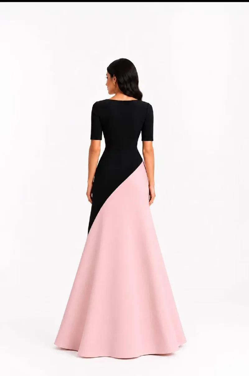 Customized Black Pink Color Block A Line Evening Dress Boat Neck Short Sleeve Ruched Formal Wedding Guest Gown