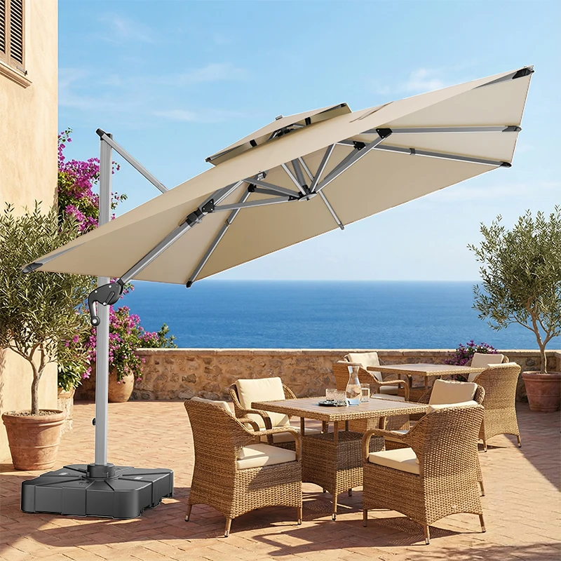 

Роскошный бежевый современный 9-футовый высококачественный водонепроницаемый УФ-защищенный алюминиевый экологичный зонт для террасы отеля/открытых обеденных зон