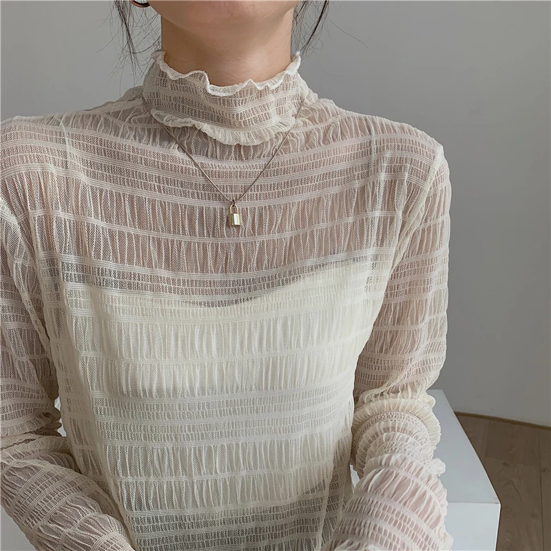 Lace Sheer T Shirt Women Summer Long Sleeve Top Turtleneck T-Shirts Korean Style Clothes Slim Tee Shirt Femme Camisetas De Mujer