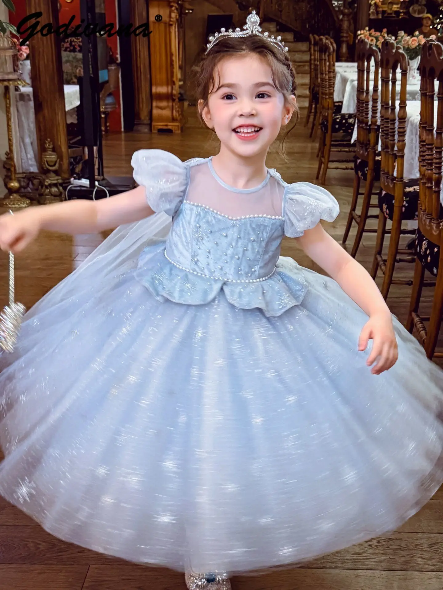 Sweet Baby Girls Princess Tutu Dress Summer 2026 New Little Kids Puff Sleeve Mesh Tulle Pearls Sequin Birthday Party Train Gown