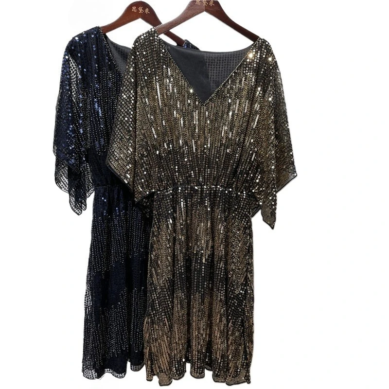 

Sparkling Sequins Waist Elastic Bat Sleeve One Size Dress
