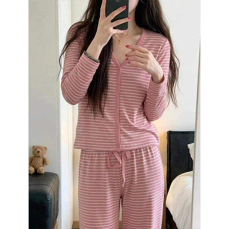 Women's Pink Striped Long Sleeve Long Pants Pajama Set Spring and Autumn Loose Comfortable Close Fitting Pajama Home Pajama Set