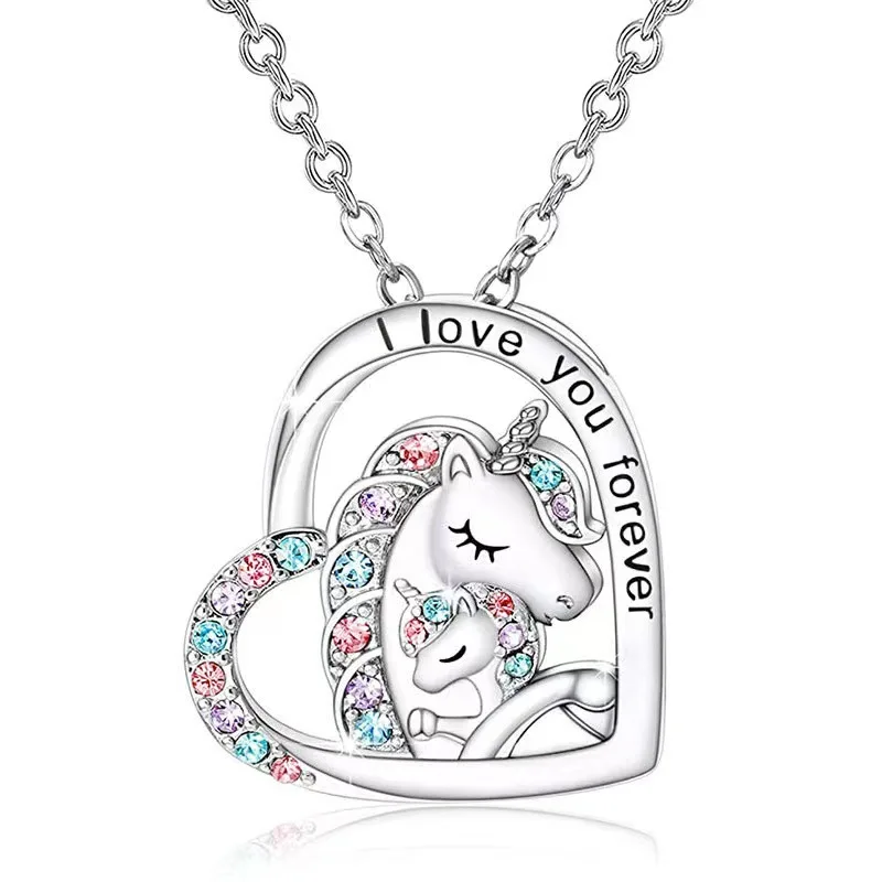 Pretty Fashion Unicorn Mother and Child Hug Heart Shape Pendant Necklace Charm Necklace for Women Perfect Gift for Girls