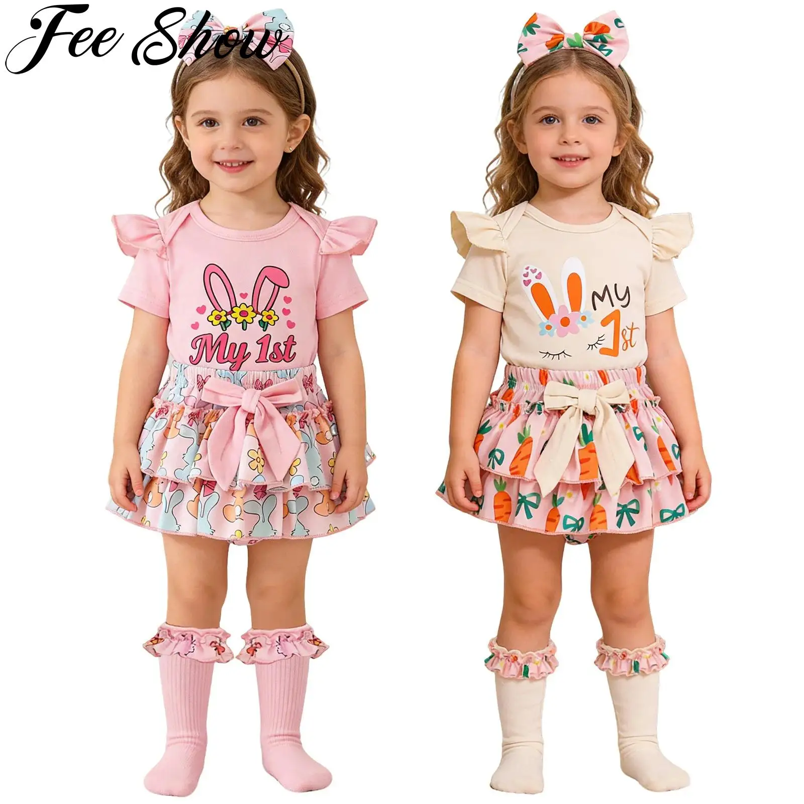 

Одежда для маленьких девочек, пасхальные наряды, комбинезон с рюшами, короткими рукавами и принтом кролика, с пышными штанишками, юбкой-пачкой, носками и повязкой на голову