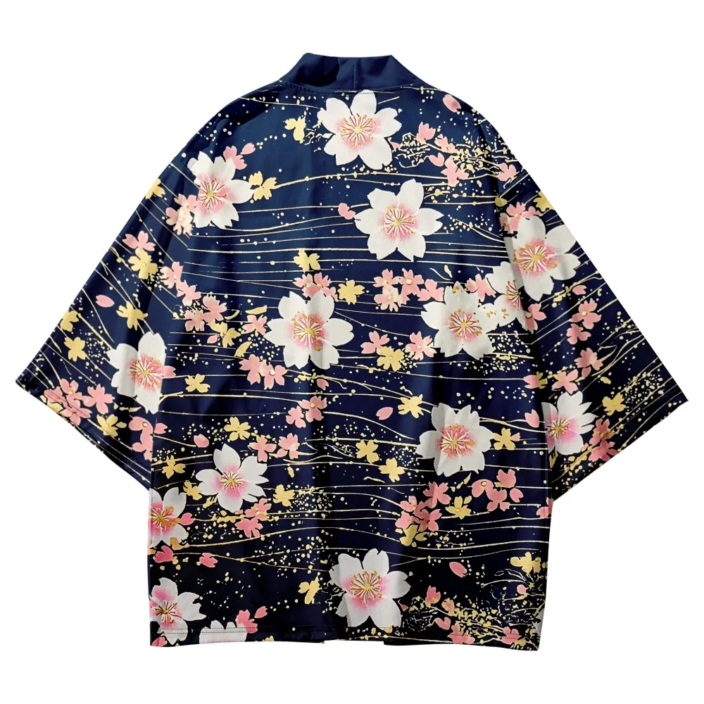 Sakura Print Japanese Blue Kimono Summer Beach Women Cardigan Yukata Traditional Men Haori Asian Clothing