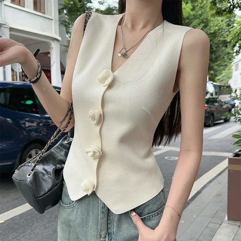 Cute Women's V Neck Vest Tops Slim 3D Flower Sleeveless Waistcoat Casual Summer Y2K Fairy Streetwear Korean Style