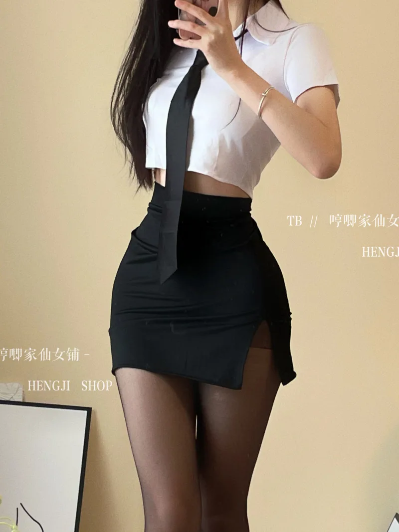 Summer Women's Secretary Uniform Temptation Role Play Teacher Shirt High Waist Wrapped Hip Short Skirt Flirting Sexy Set KPS5