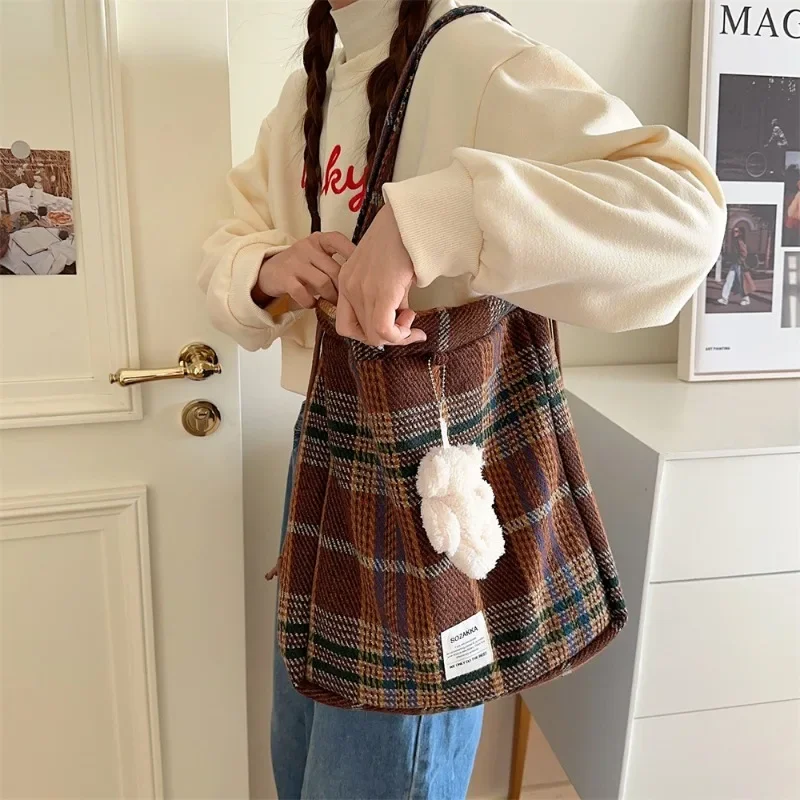 

Shoulder Bag Backpack Korean-style Woolen Plaid Drawstring Crossbody Sweet All-match Casual Street Shooting Shopping Commuter