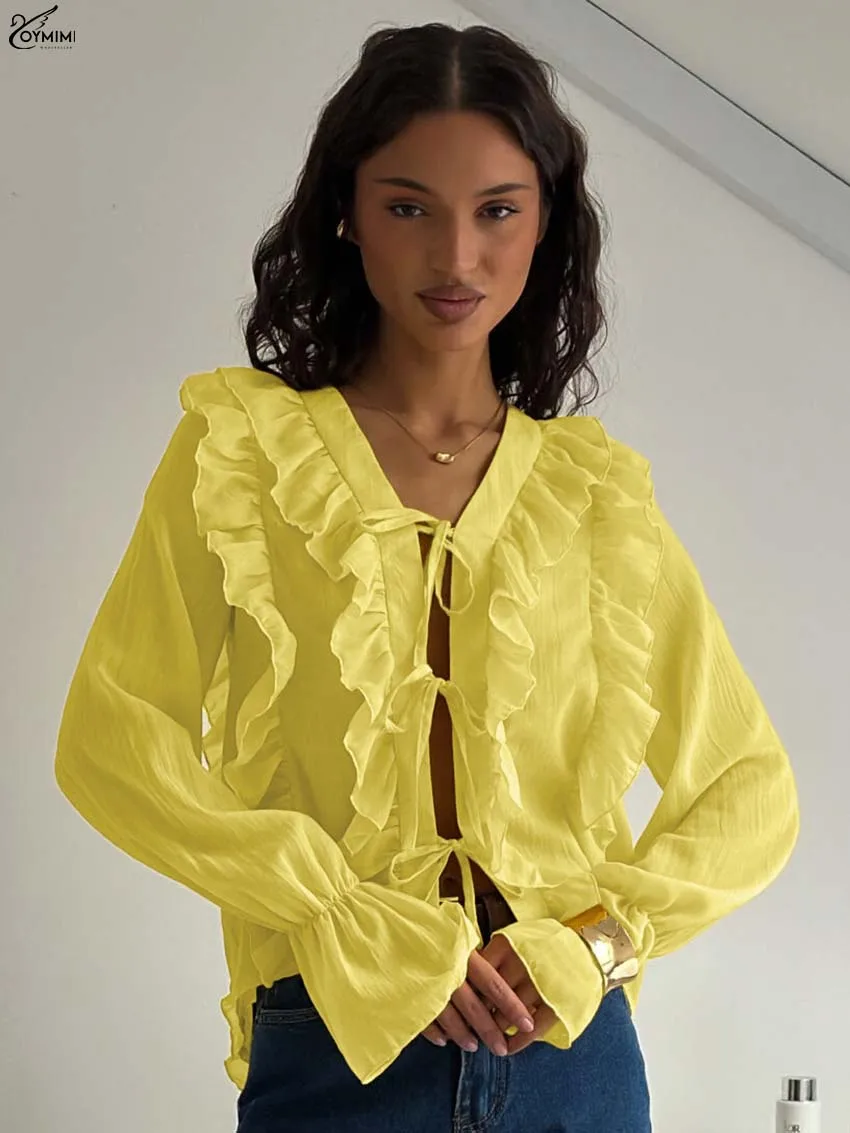 

Oymimi модные желтые хлопковые женские топы элегантные блузки с v-образным вырезом и длинными рукавами с рюшами повседневные однотонные топы на шнуровке женская одежда