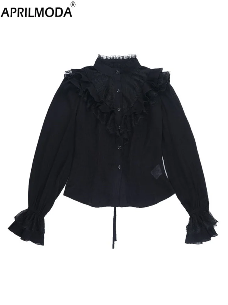 2025 Halloween Nero Pizzo Manica Lunga Donna Casual Dolce Camicetta Lolita Vintage Gotico Jacquard Elegante Office Lady Y2k Top