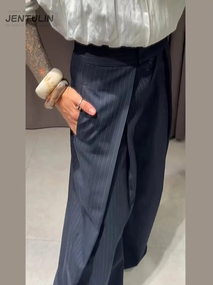 High Waist Pleated Straight Long Wide Leg Trousers Women Casual Striped Loose Pants Female 2026 Spring Fashionable Lady Bottoms
