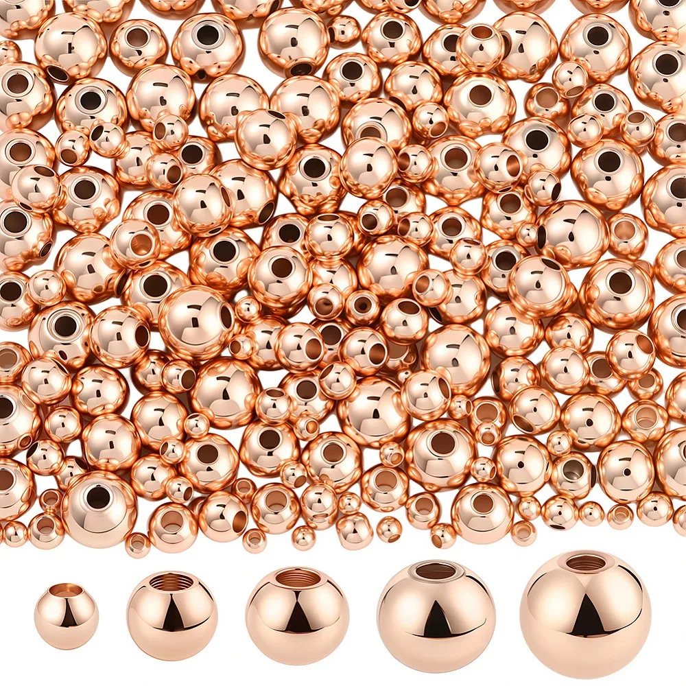 250Pcs 5 Styles Rack Plating Brass Spacer Beads Long-Lasting Plated Round Rose Gold 2~6mm Hole: 0.8~1.5mm 50pcs/style