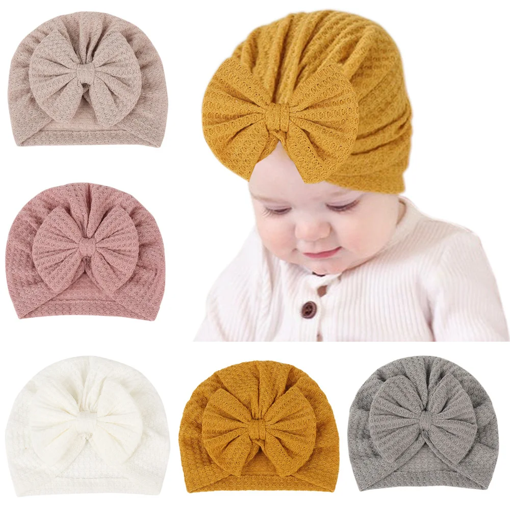 Baby Turban Hats Baby Girls Boys Hat Solid Color Bow Knotted Hats Newborn Fetal Cap Headband Kids Headwear Hair Band Accessories