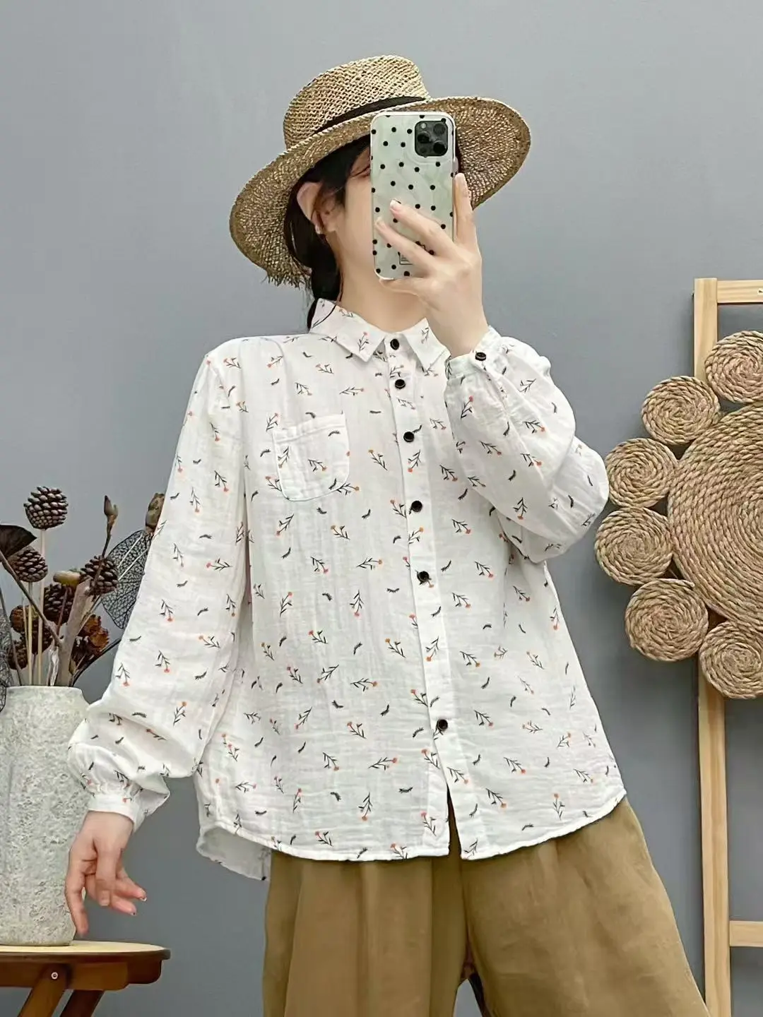 جديد 2025 قميص خريفي بأكمام طويلة من غزل القطن ، طباعة ياقة مقلوبة للسيدات ، بلوزة فضفاضة أنيقة من Mori Girl Sweet Prairie T58022CC