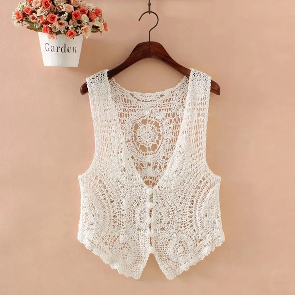 

Women's Sleeveless Jacket Summer Hollow Out Tank Top Solid Color Short Knit Waistcoat Crochet Cardigan Sweater Vest WomenOutwear