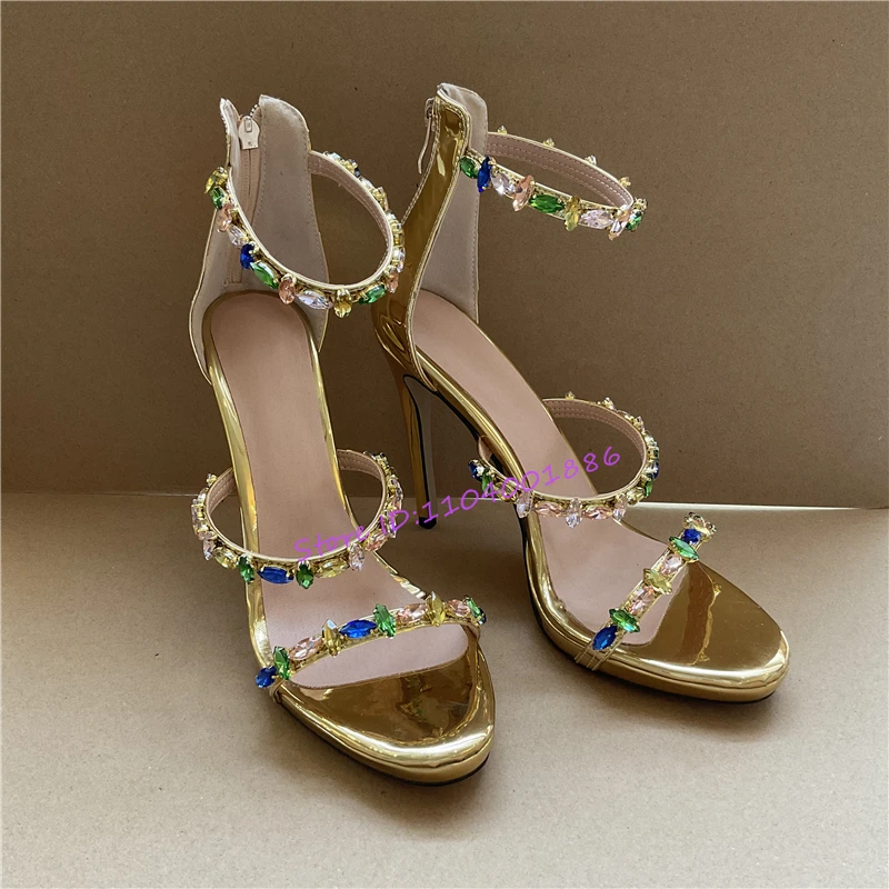 

Colorful Gems Straps High Heels Women's Sandals Gold Open Toe Patent Leather Stiletto Elegant Luxury Crystal Party Banquet Shoes